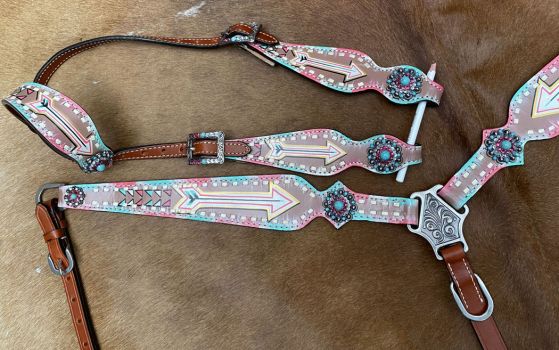 Showman Turquoise and pink inlay painted arrow design one ear headstall and breast collar set #2